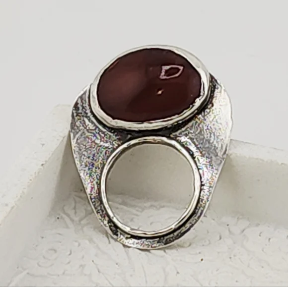 CARNELIAN AVANT GARDE STATEMENT RING IN RECYCLED STERLING SILVER METAL SIZE 9